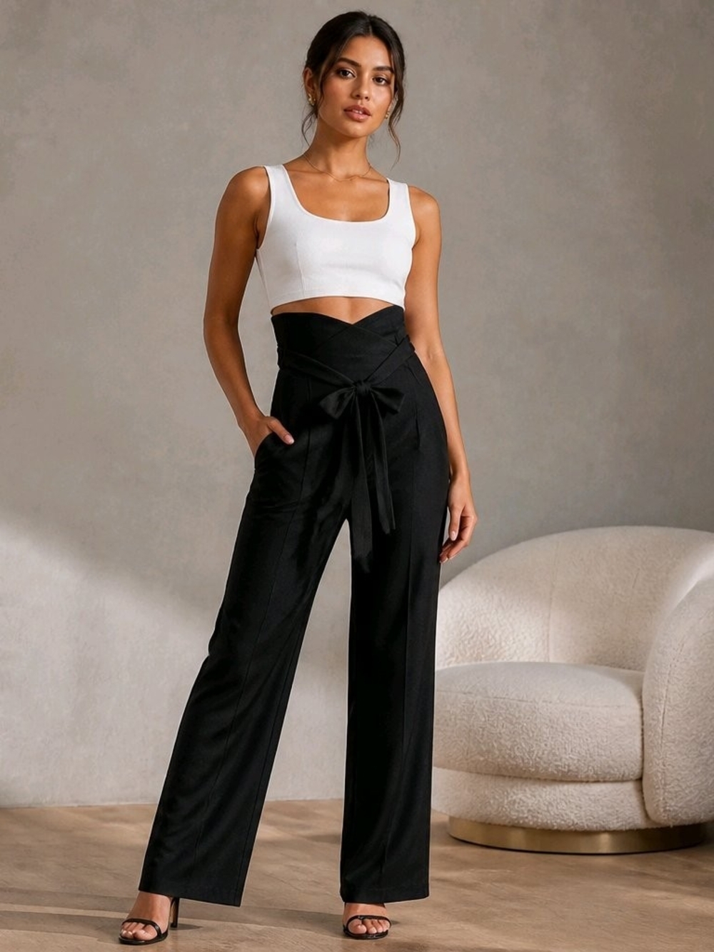 Chic High-Rise Paperbag Waist Wide Leg Trousers - Minimalist Workwear S